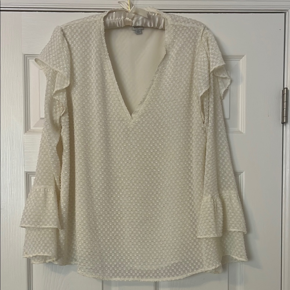 White Textured V-Neck Blouse